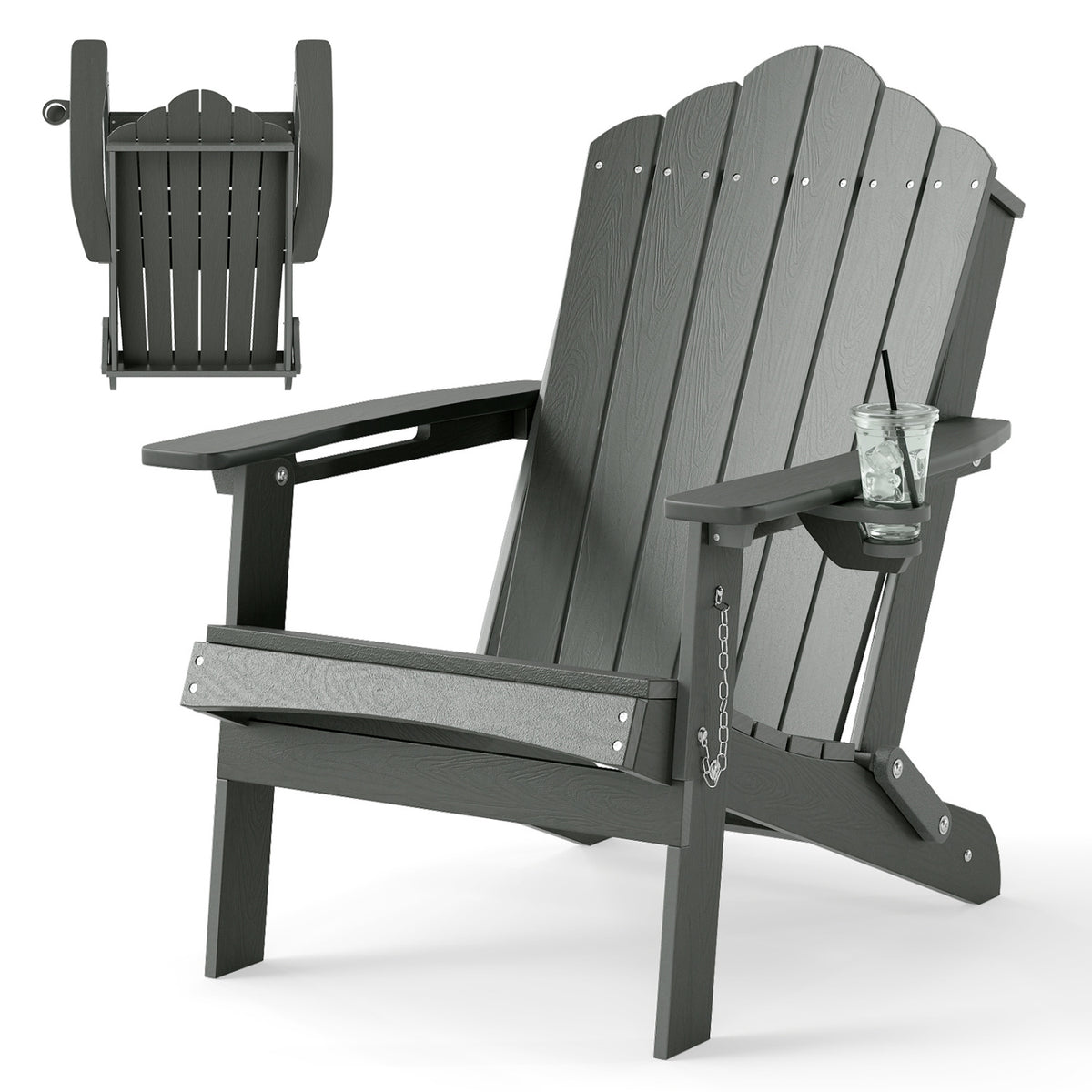 Weather Resistant HDPE Folding Adirondack Chair with High Backrest for Backyard-Gray
