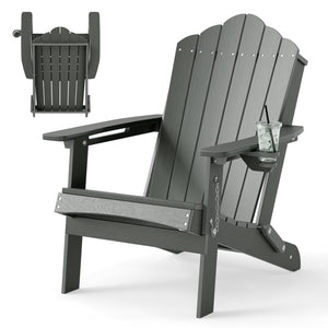 Weather Resistant HDPE Folding Adirondack Chair with High Backrest for Backyard-Gray