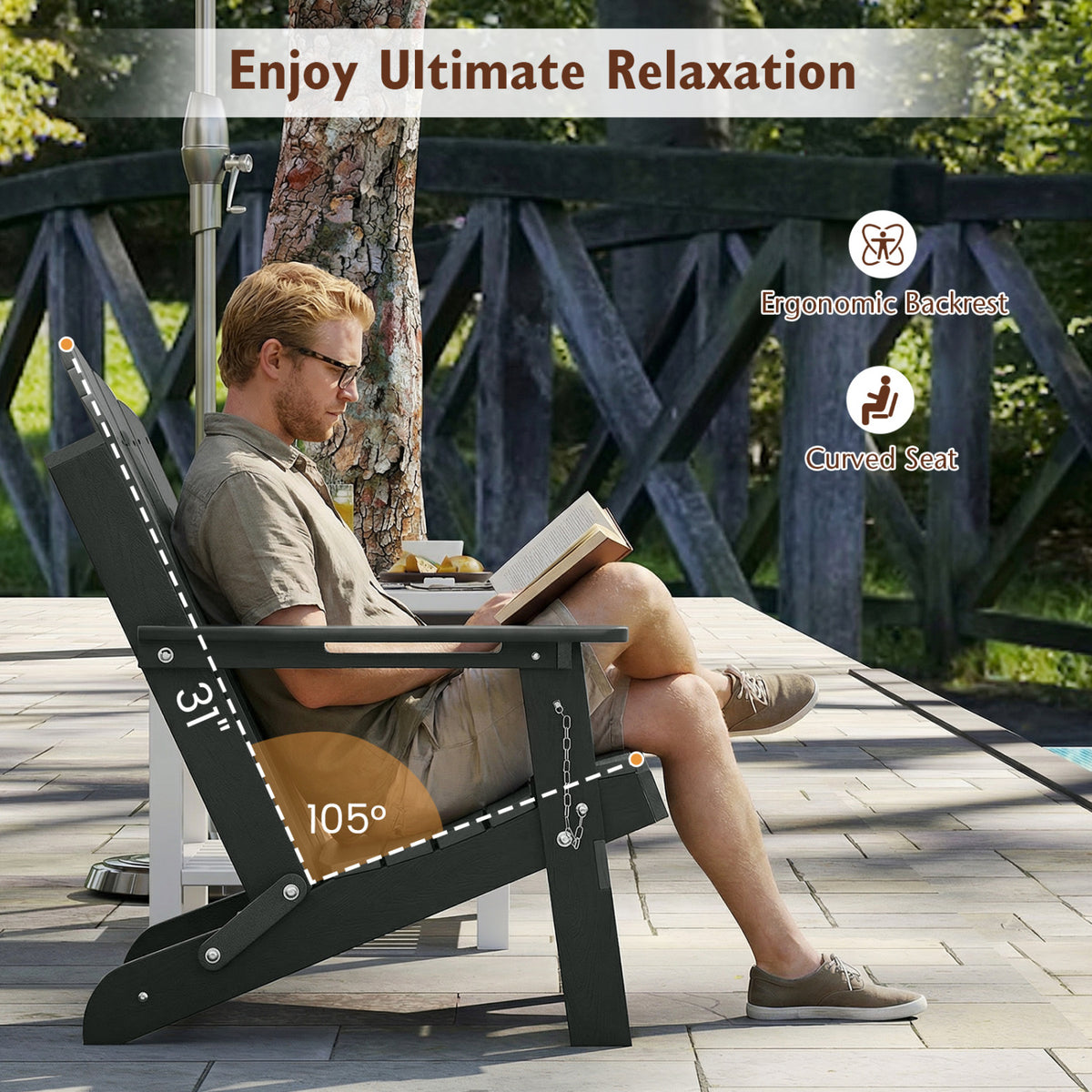 Weather Resistant HDPE Folding Adirondack Chair with High Backrest for Backyard-Gray