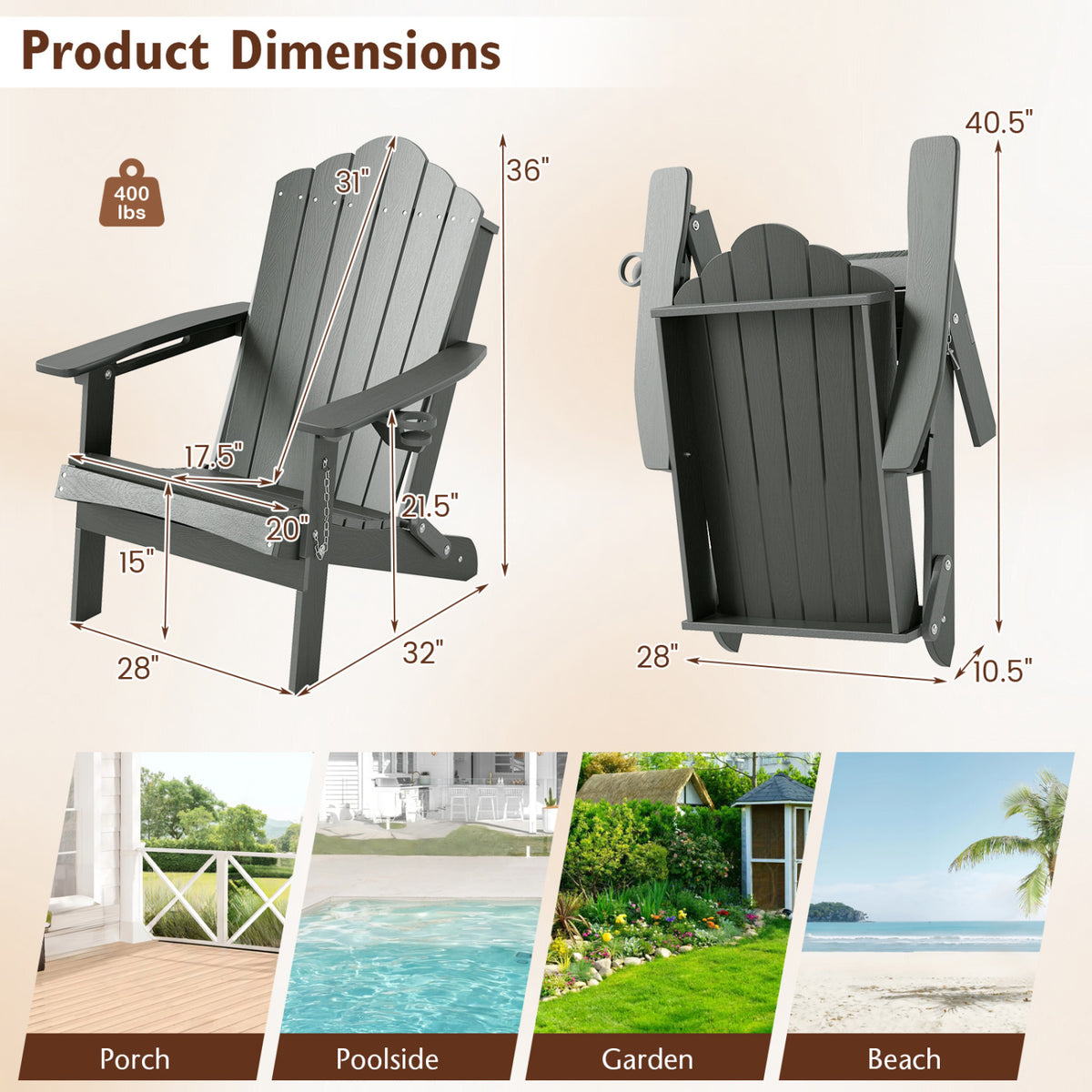 Weather Resistant HDPE Folding Adirondack Chair with High Backrest for Backyard-Gray