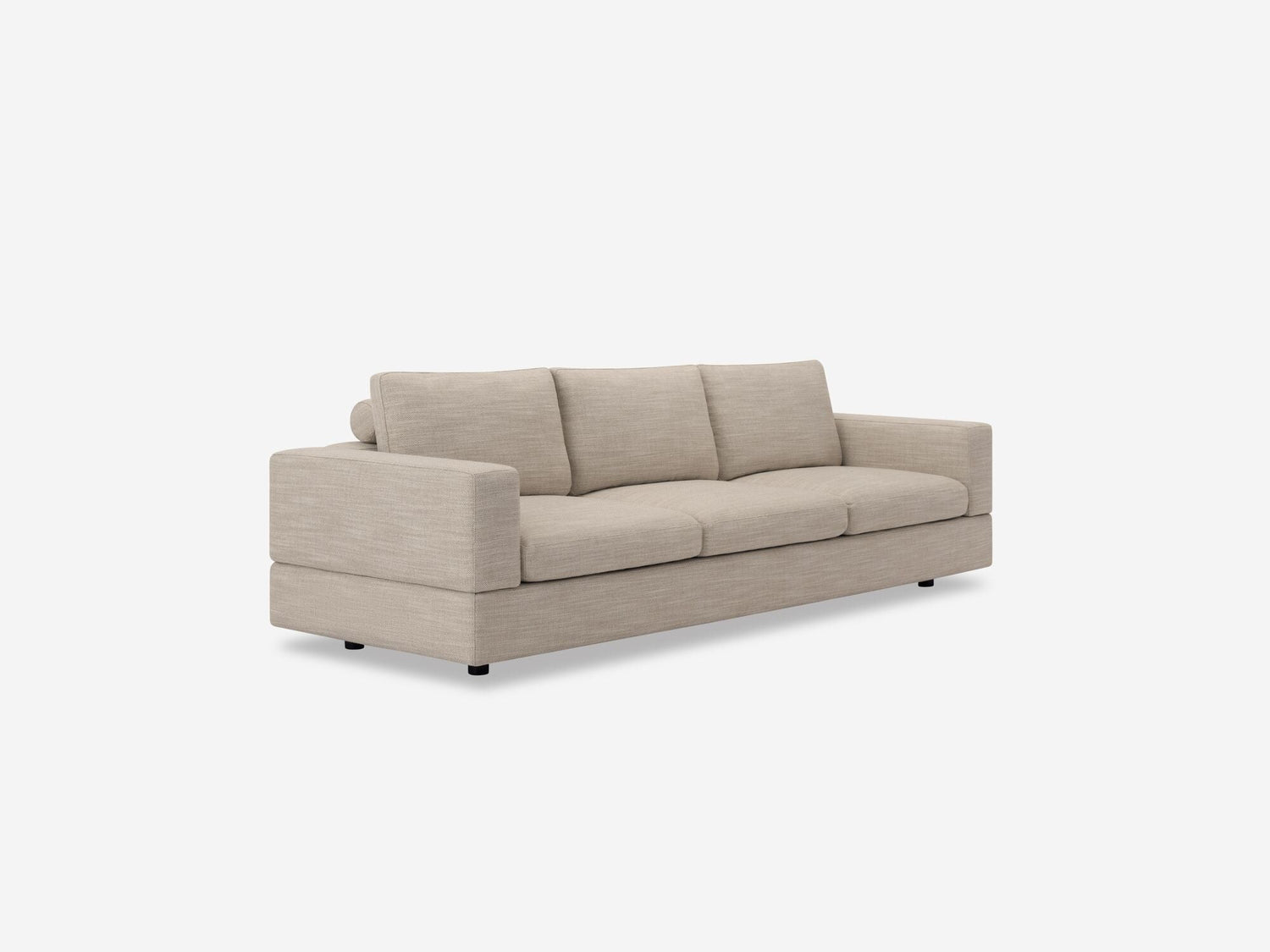 The Stage Track Sofa, a beige, modern three-seater with square arms and cushioned seats, is set against a plain white background. Its sleek design showcases simple, clean lines.