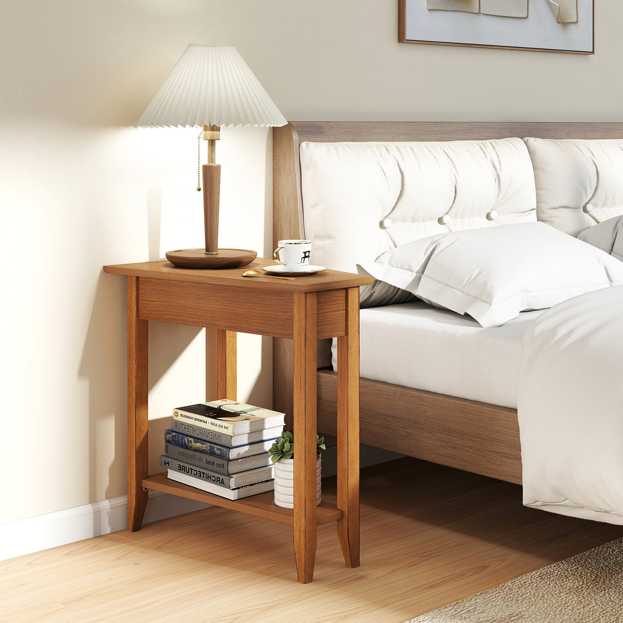 2-Tier Wedge Narrow End Table with Storage Shelf and Solid Wood Legs-Walnut