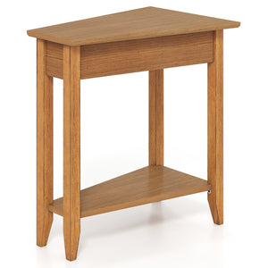 2-Tier Wedge Narrow End Table with Storage Shelf and Solid Wood Legs-Walnut