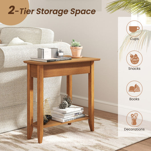 2-Tier Wedge Narrow End Table with Storage Shelf and Solid Wood Legs-Walnut