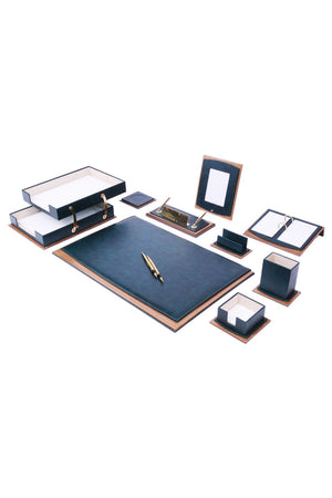 MOOG Star Leather Desk Set -Walnut Wood Combination -Double Document Tray - White-11 PCS