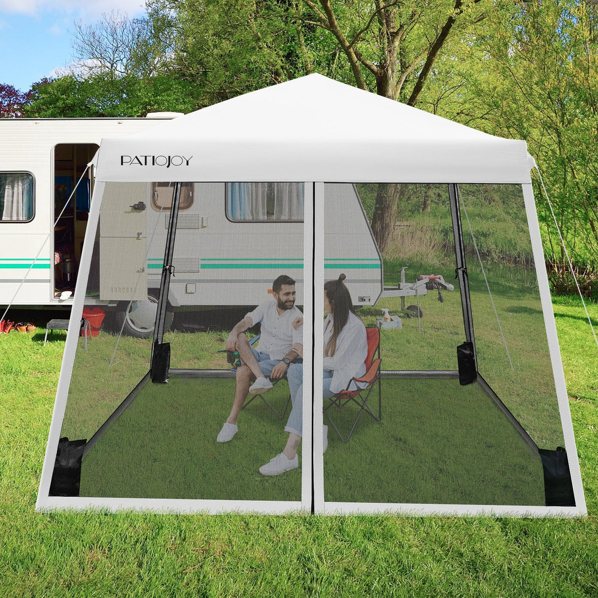 10 x 10 Feet Pop Up Canopy with with Mesh Sidewalls and Roller Bag-White by DirectDeals