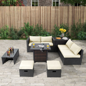 9 Pieces Patio Furniture Set with 32” Fire Pit Table and 50000 BTU Square Propane Fire Pit-White