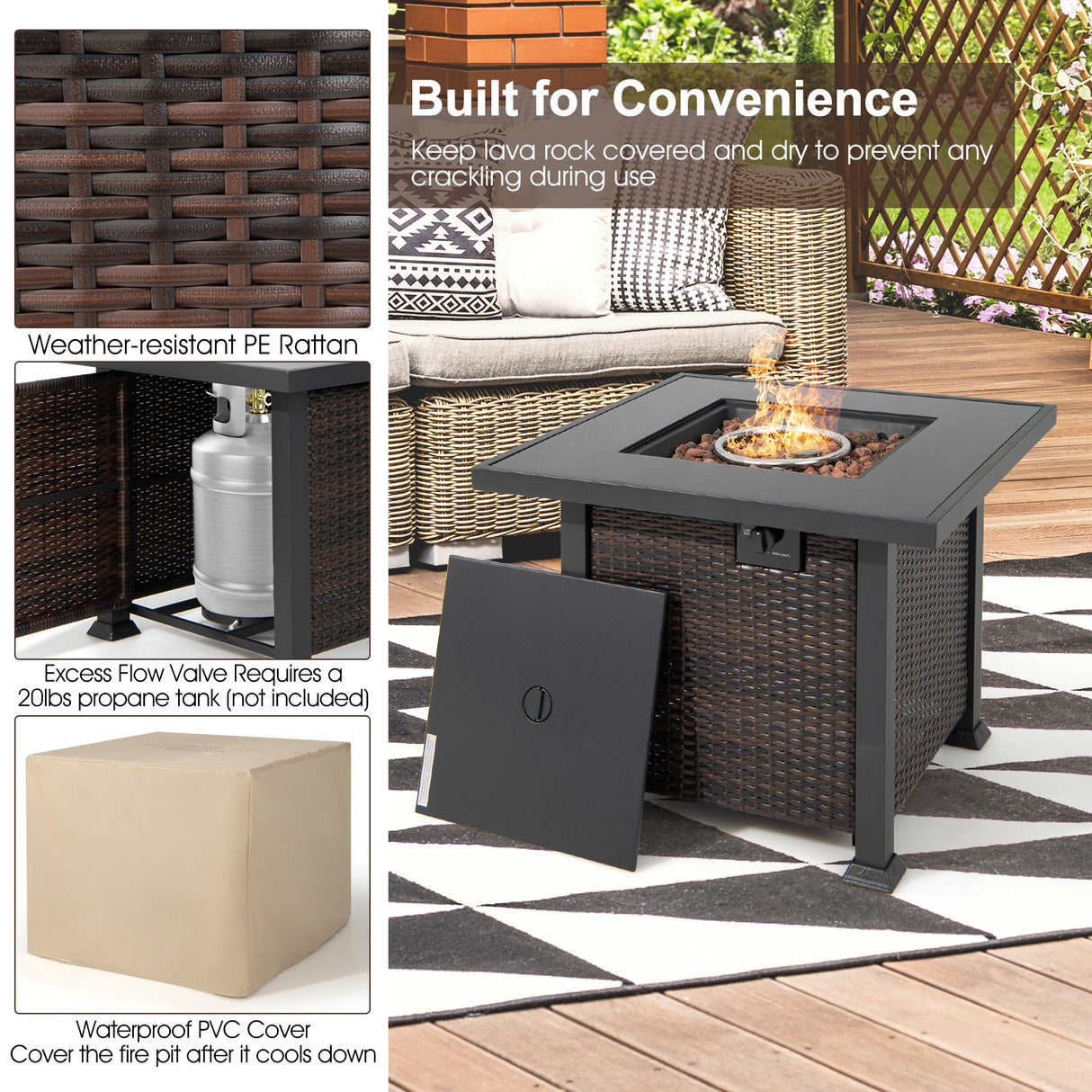 9 Pieces Patio Furniture Set with 32  Fire Pit Table and 50000 BTU Square Propane Fire Pit-White