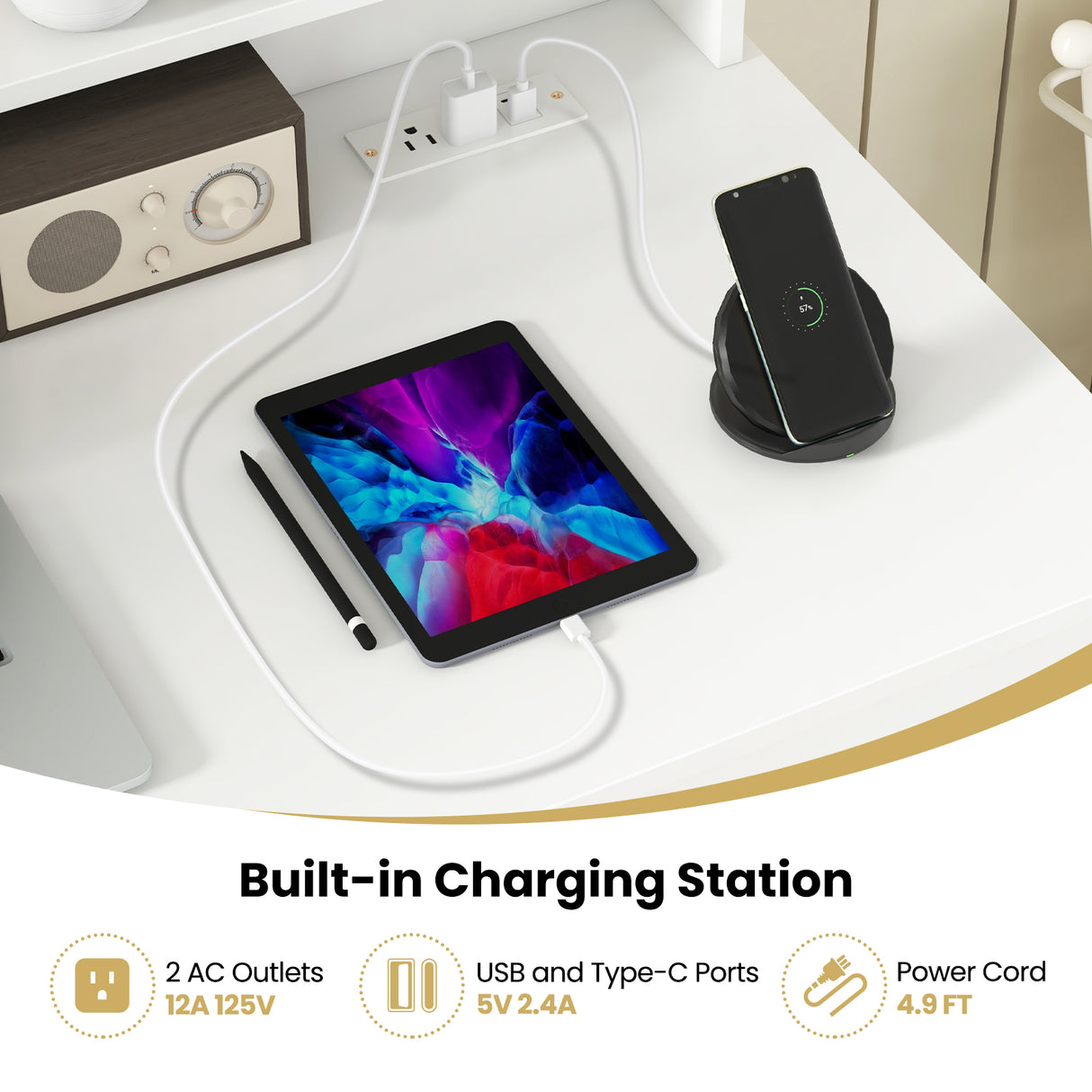 White Desk with Charging Station and Adjustable Shelf for Home Office-White