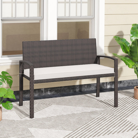 Wicker 2-Seat Bench with Soft Seat Cushion and Metal Frame-White