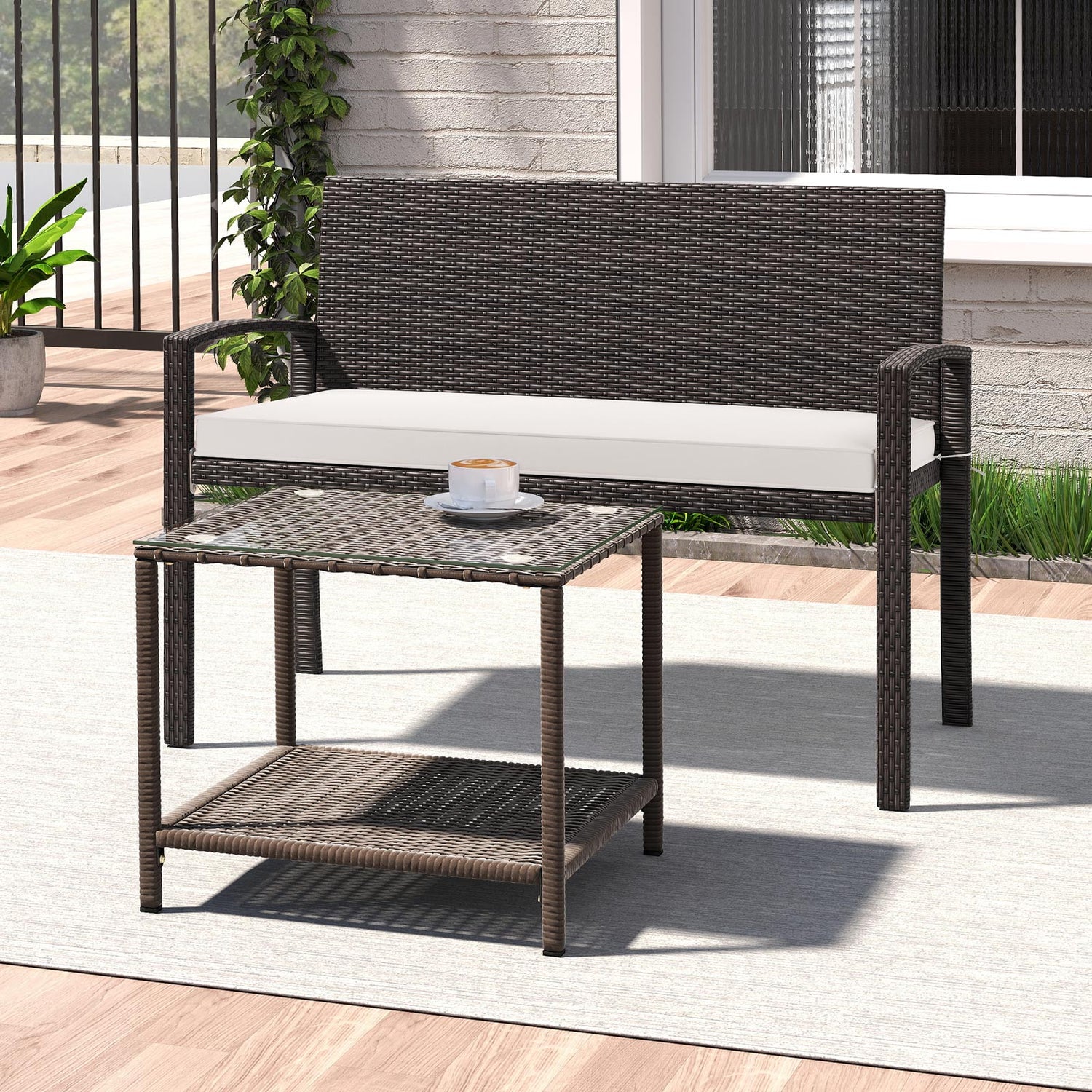 Wicker 2-Seat Bench with Soft Seat Cushion and Metal Frame-White