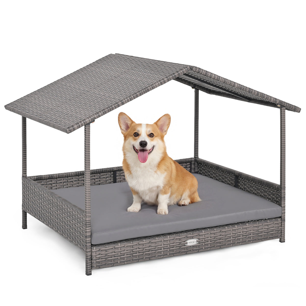 Wicker Dog House Elevated PE Rattan Dog Bed with Canopy-Gray