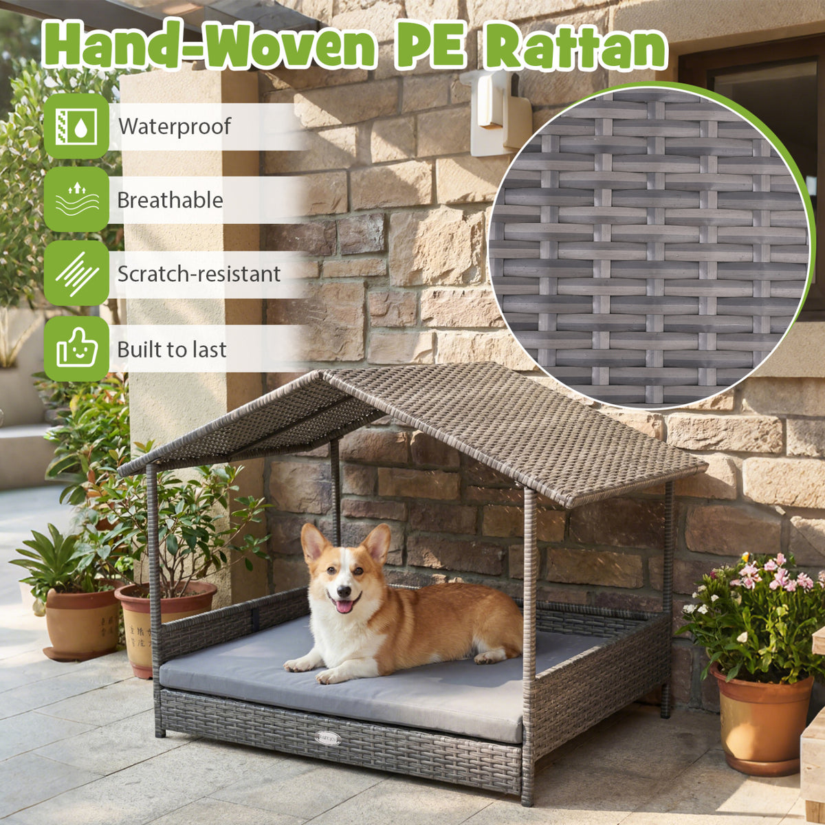 Wicker Dog House Elevated PE Rattan Dog Bed with Canopy-Gray