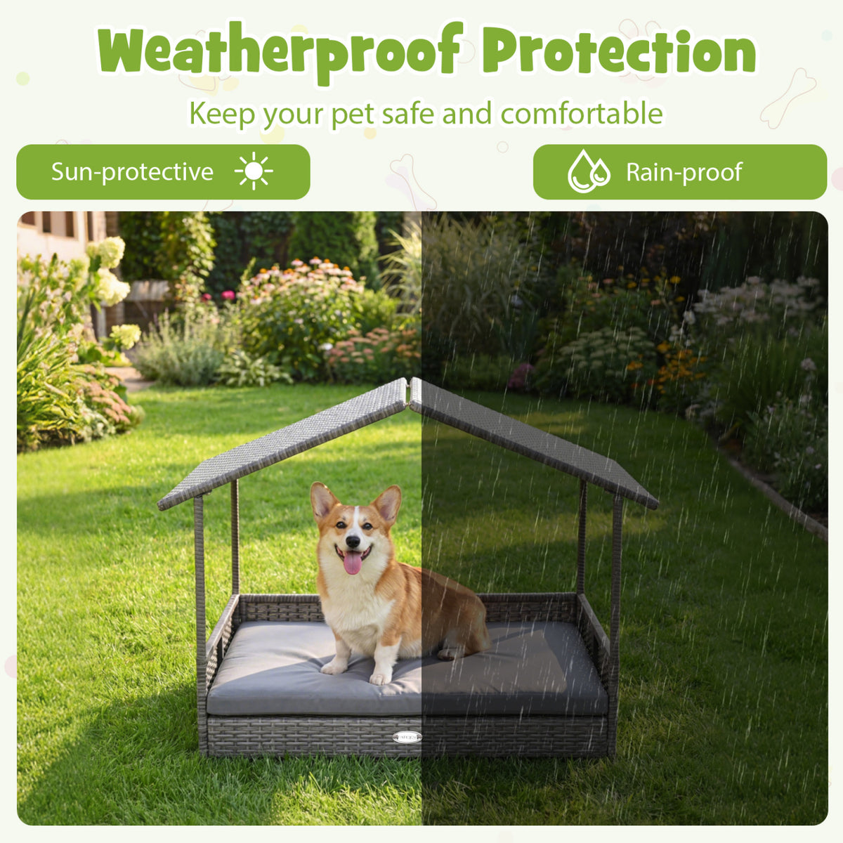 Wicker Dog House Elevated PE Rattan Dog Bed with Canopy-Gray