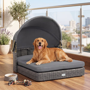 Wicker Dog House with Adjustable Canopy & 2 Detachable Cushions for Small Medium Dogs-Gray