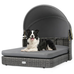 Wicker Dog House with Adjustable Canopy & 2 Detachable Cushions for Small Medium Dogs-Gray