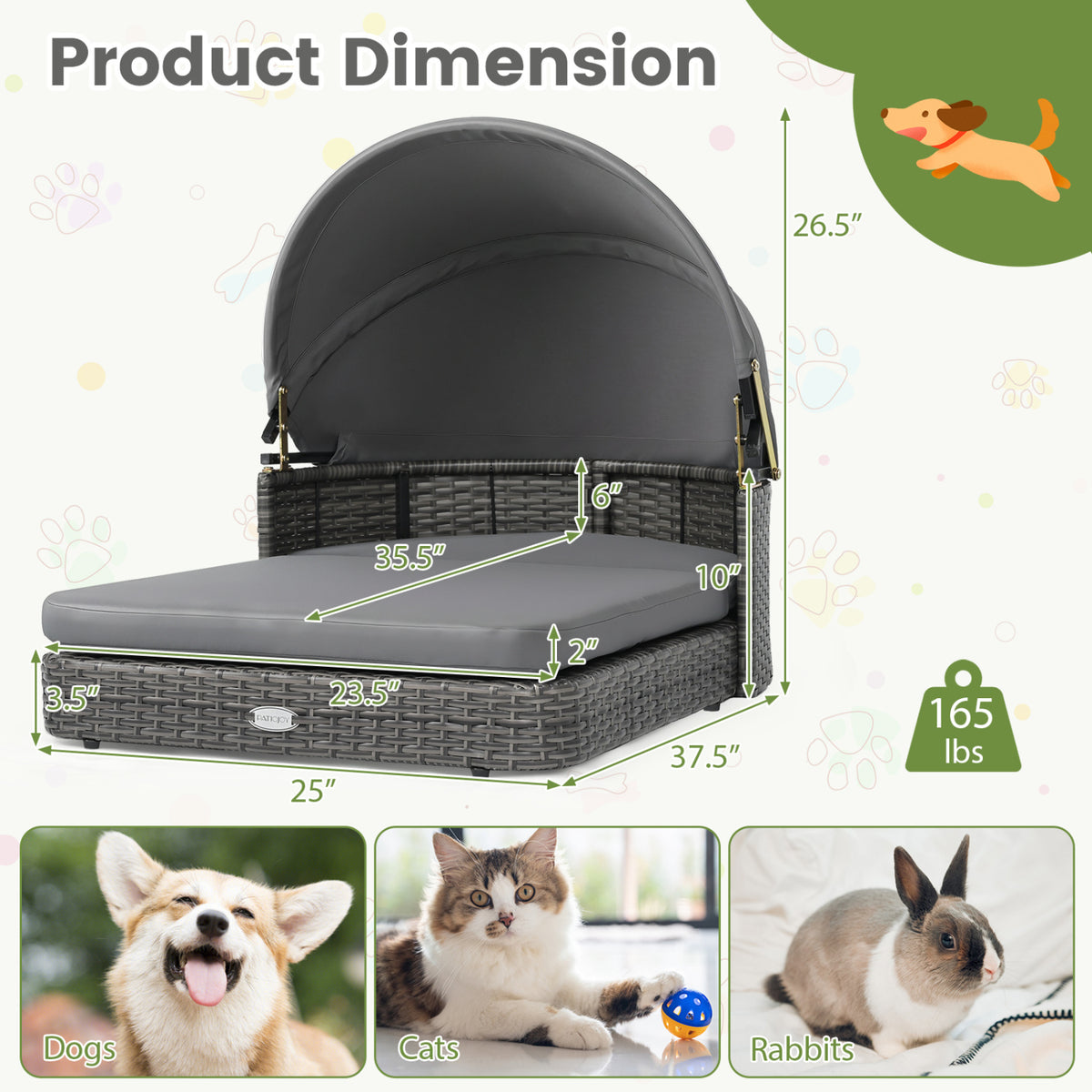Wicker Dog House with Adjustable Canopy & 2 Detachable Cushions for Small Medium Dogs-Gray