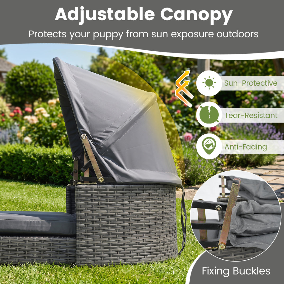 Wicker Dog House with Adjustable Canopy & 2 Detachable Cushions for Small Medium Dogs-Gray