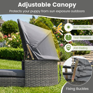 Wicker Dog House with Adjustable Canopy & 2 Detachable Cushions for Small Medium Dogs-Gray