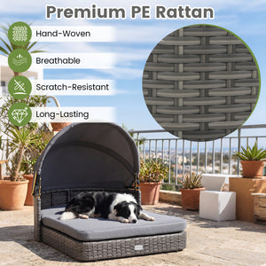 Wicker Dog House with Adjustable Canopy & 2 Detachable Cushions for Small Medium Dogs-Gray