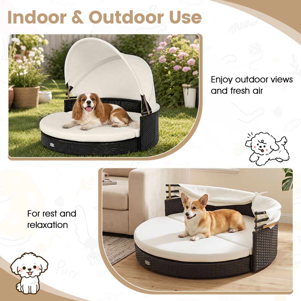 Wicker Dog House with Retractable Canopy & Removable Cushion for Small Medium Dogs-White