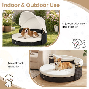 Wicker Dog House with Retractable Canopy & Removable Cushion for Small Medium Dogs-White