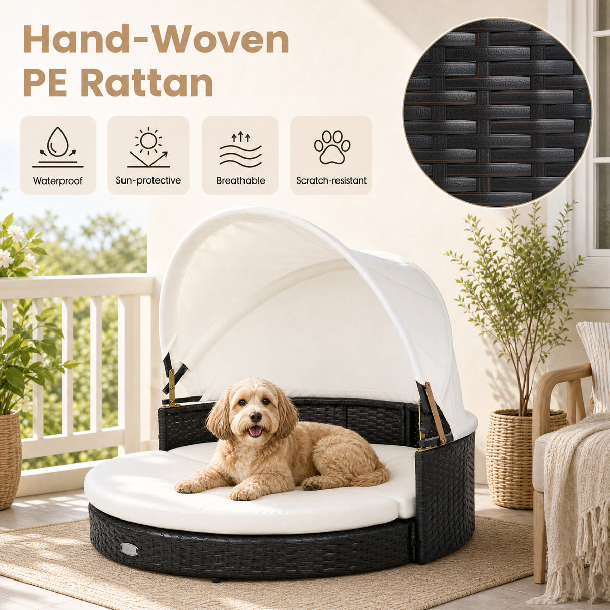 Wicker Dog House with Retractable Canopy & Removable Cushion for Small Medium Dogs-White