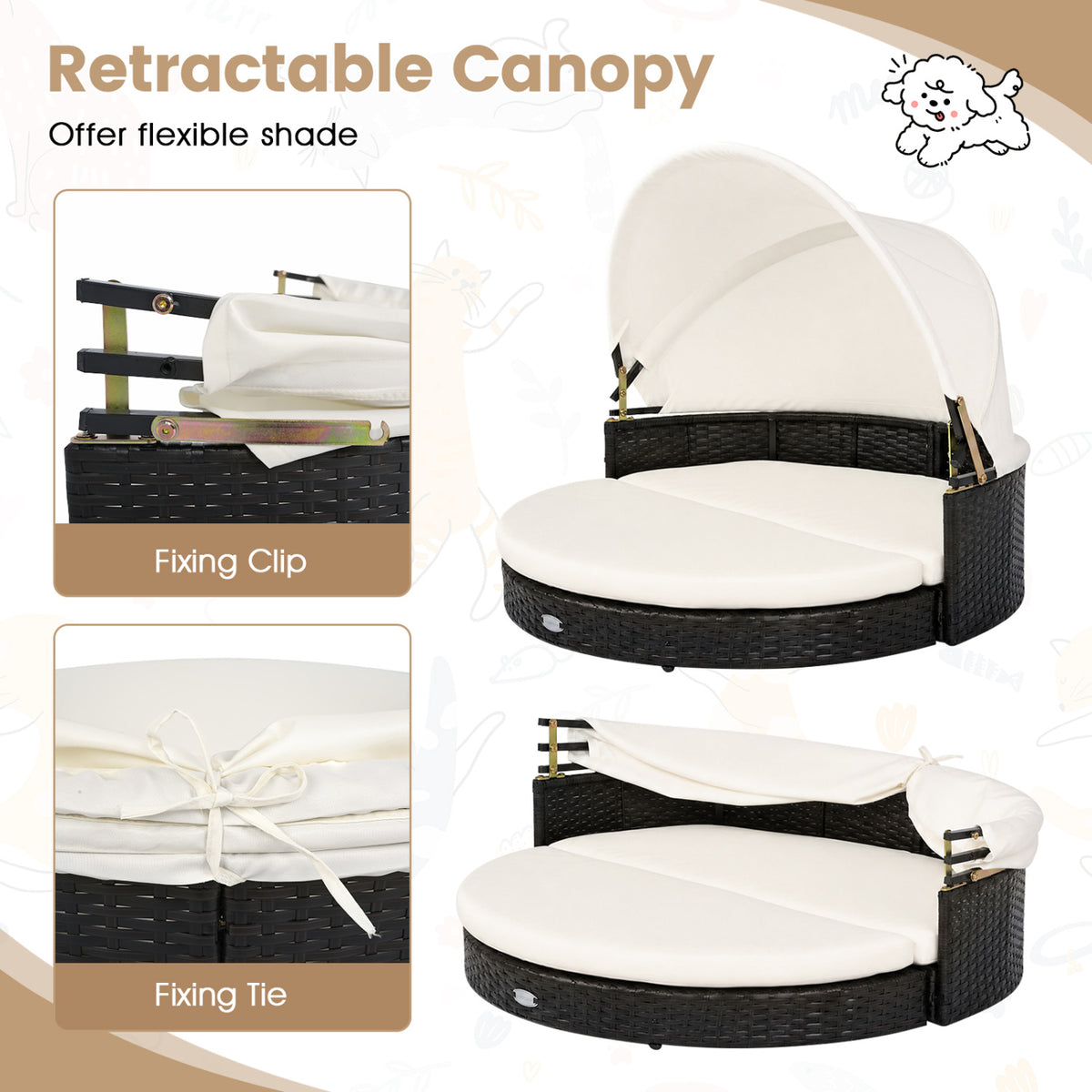 Wicker Dog House with Retractable Canopy & Removable Cushion for Small Medium Dogs-White