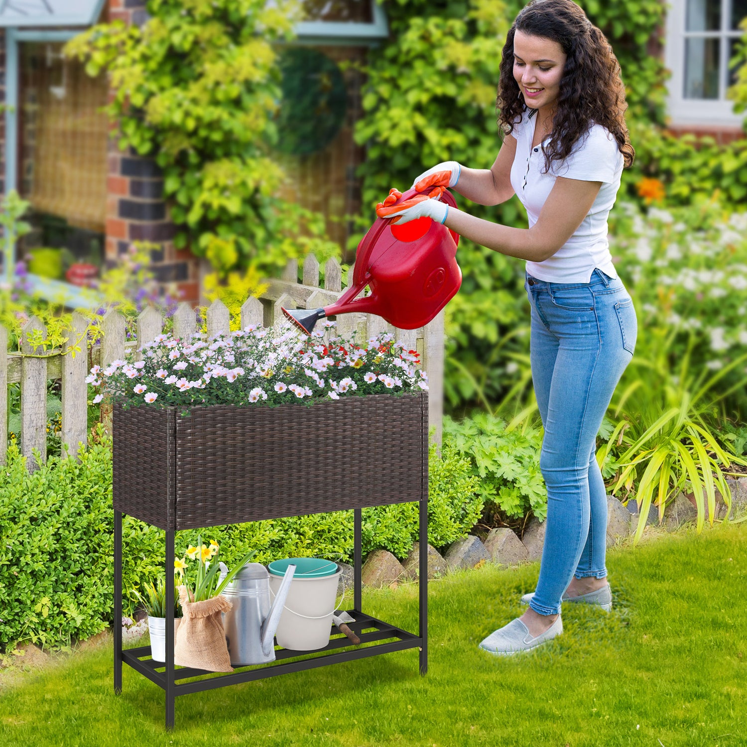 Wicker Raised Garden Bed with Storage Shelf and Removable Liner for Flowers