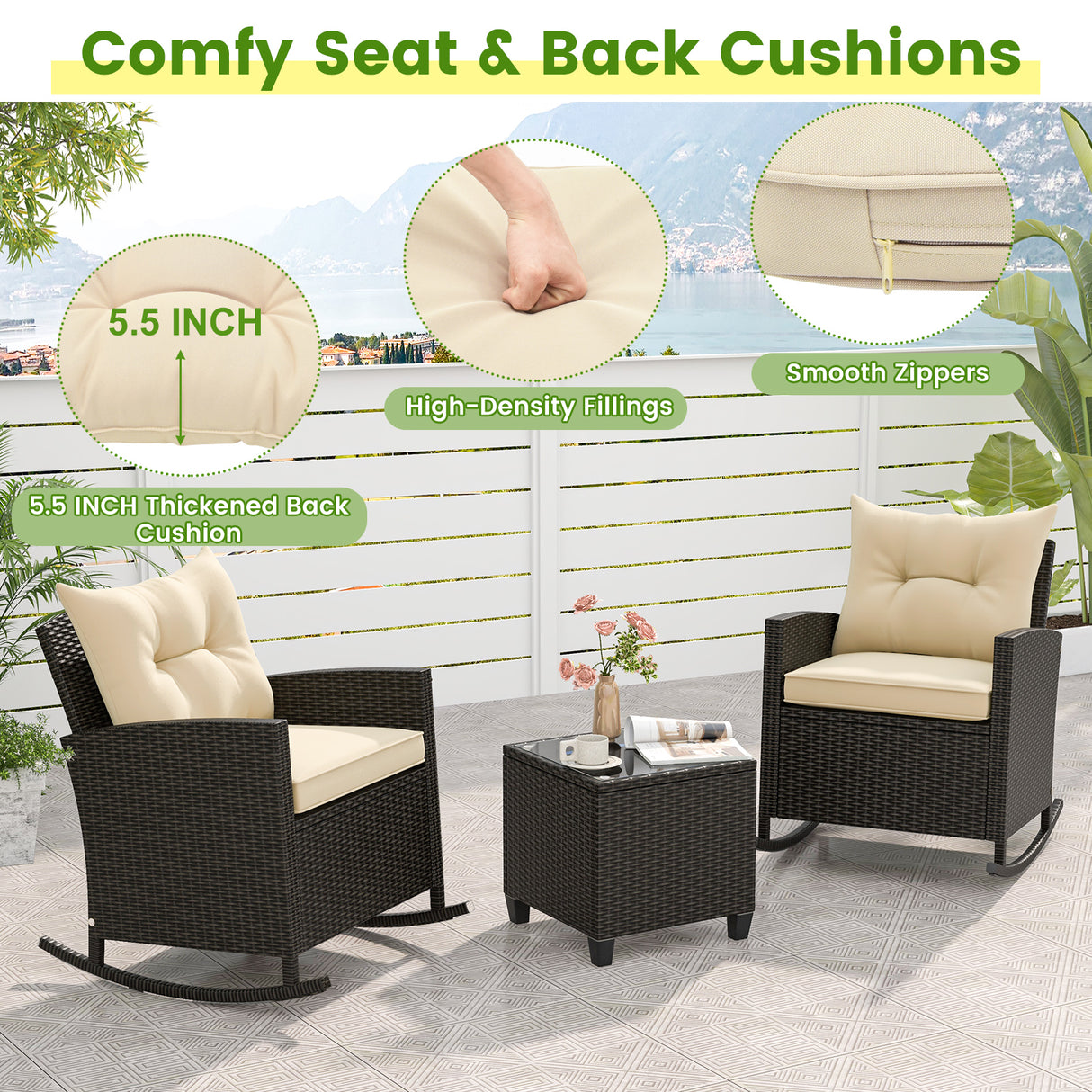 3-Piece Patio Rattan Roker Chairs with Tempered Glass Table and Soft Cushions-Beige