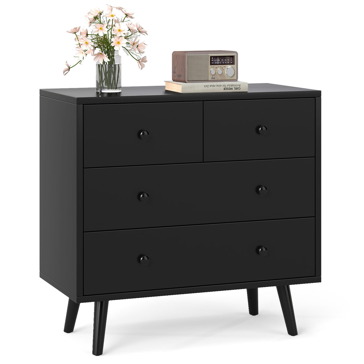 Wide Wooden Dresser with 4 Drawers for Bedroom Living Room-Black