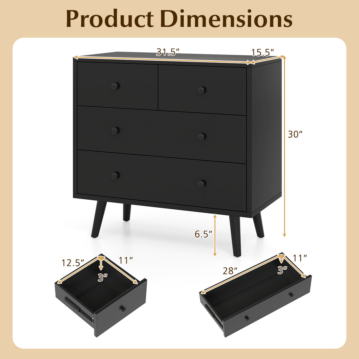 Wide Wooden Dresser with 4 Drawers for Bedroom Living Room-Black