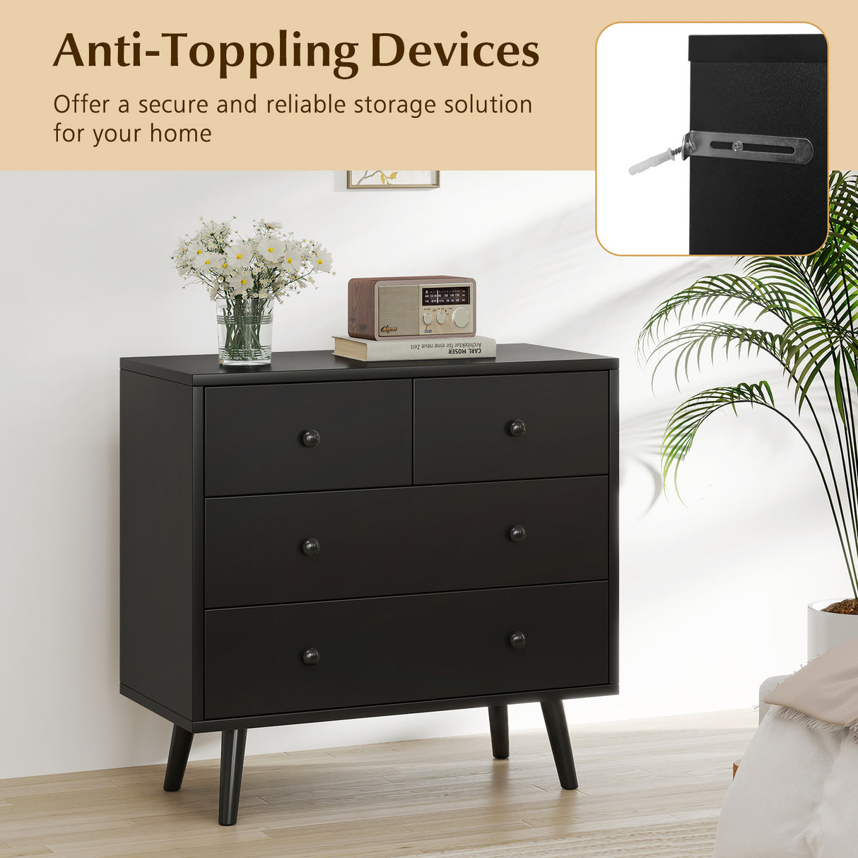 Wide Wooden Dresser with 4 Drawers for Bedroom Living Room-Black