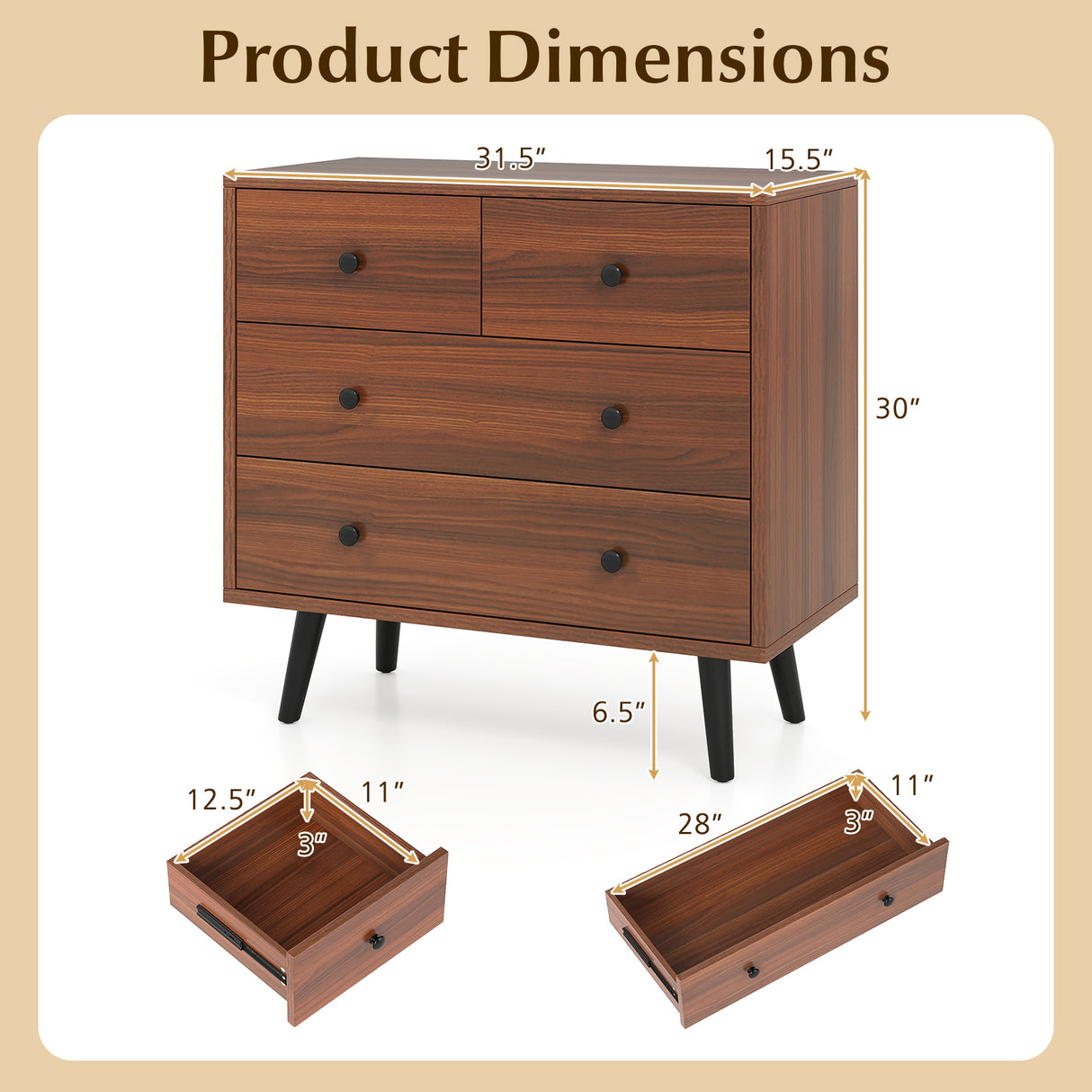 Wide Wooden Dresser with 4 Drawers for Bedroom Living Room-Walnut