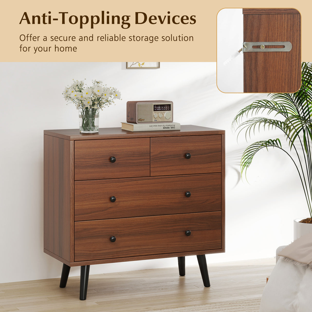Wide Wooden Dresser with 4 Drawers for Bedroom Living Room-Walnut