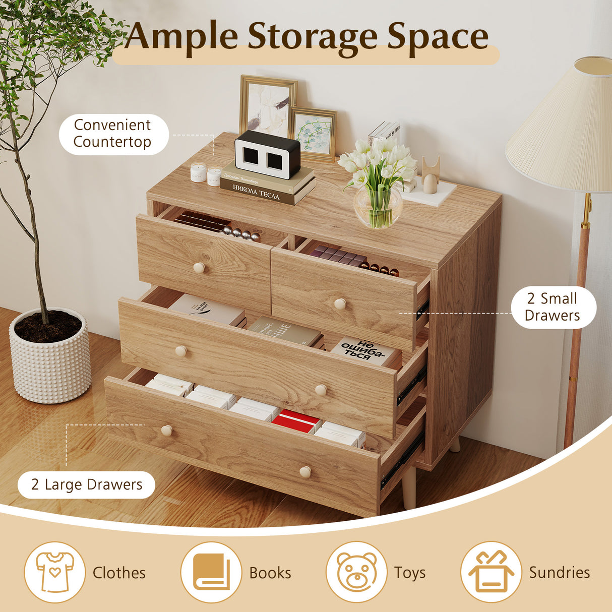 Wide Wooden Dresser with 4 Drawers for Bedroom Living Room-Natural