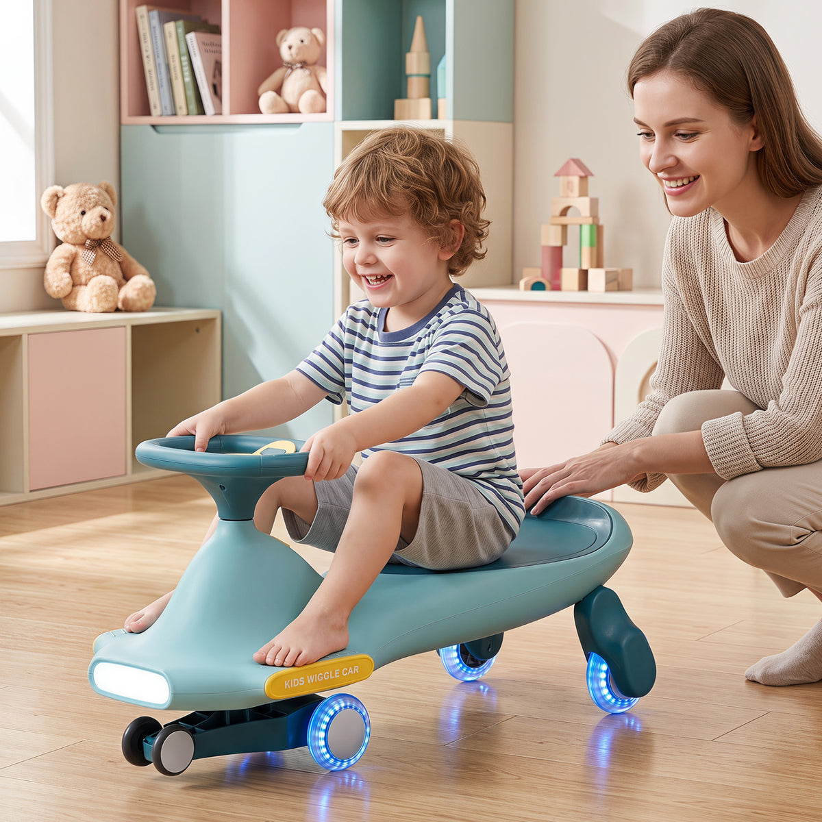Wiggle Car for Kids with LED Flashing Wheels for Indoor Outdoor Play-Blue