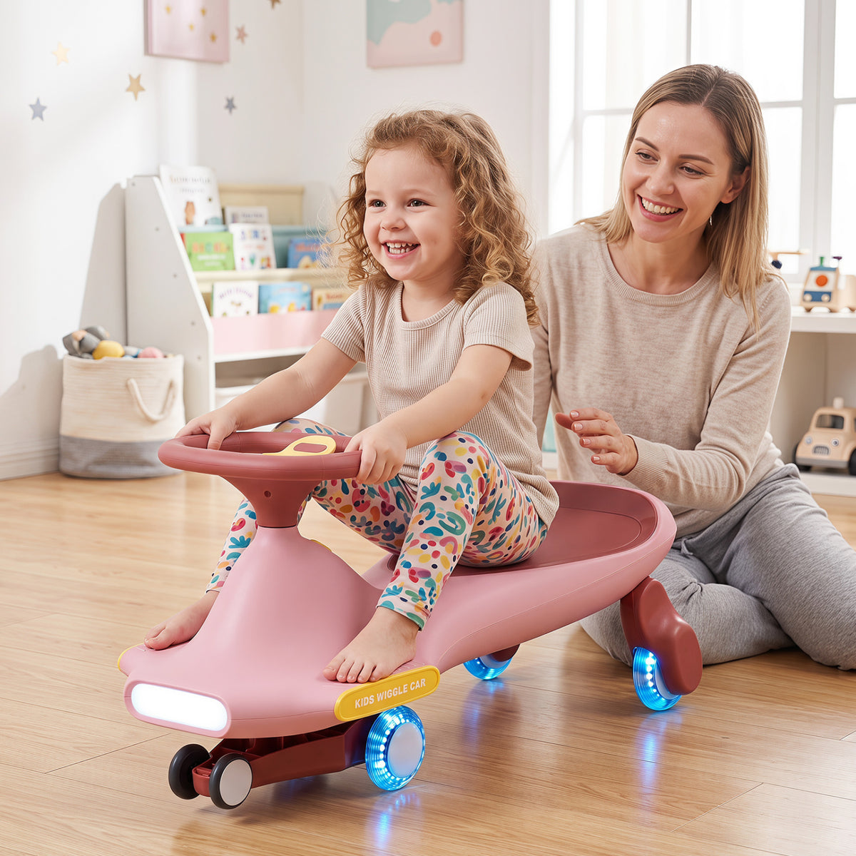 Wiggle Car for Kids with LED Flashing Wheels for Indoor Outdoor Play-Pink
