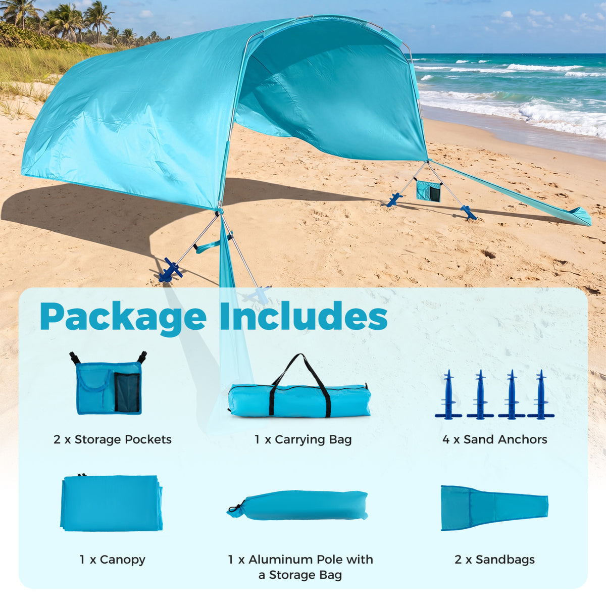 Wind Powered Beach Tent Portable Sun Shelter Canopy for Picnic-Blue