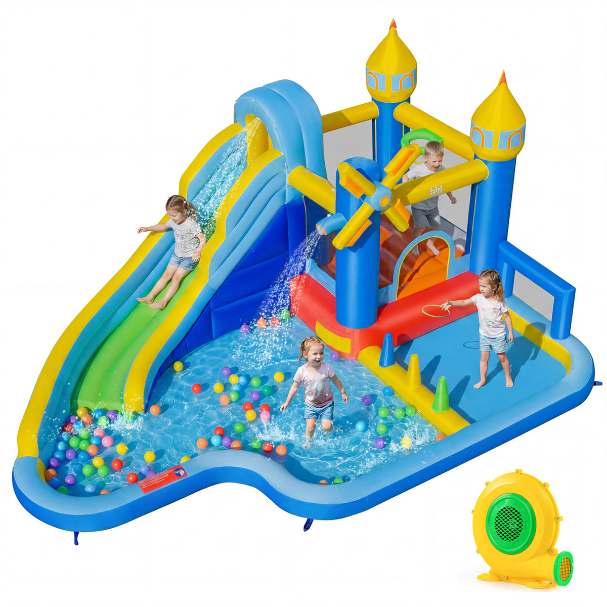 Windmill-themed Inflatable Water Slide Park with Jumping Area and Blower