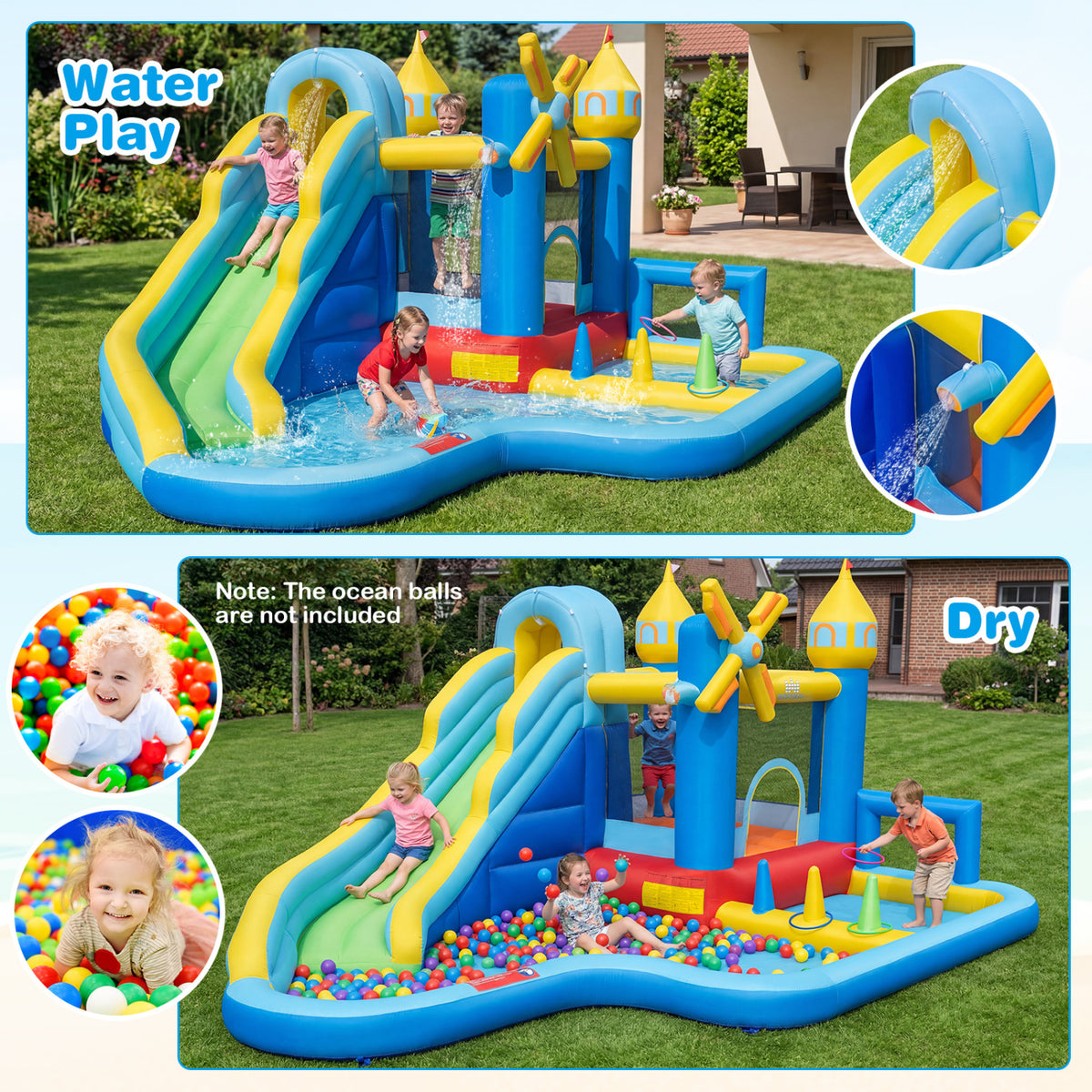 Windmill-themed Inflatable Water Slide Park with Jumping Area and Blower