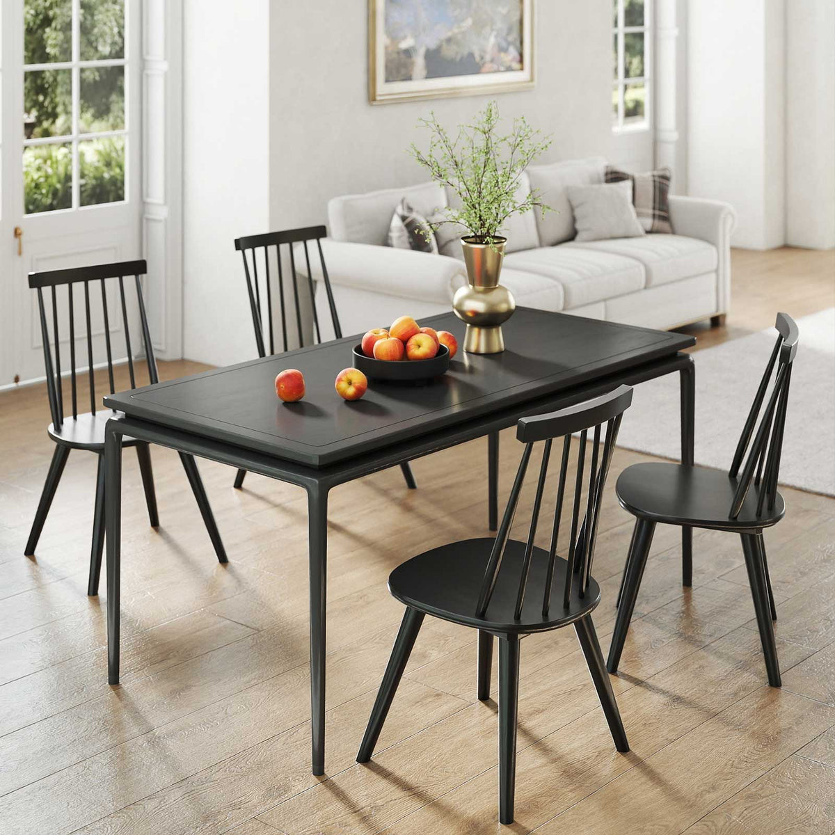 Windsor Dining Chair Set of 2 with Solid Rubber Wood Frame-Black