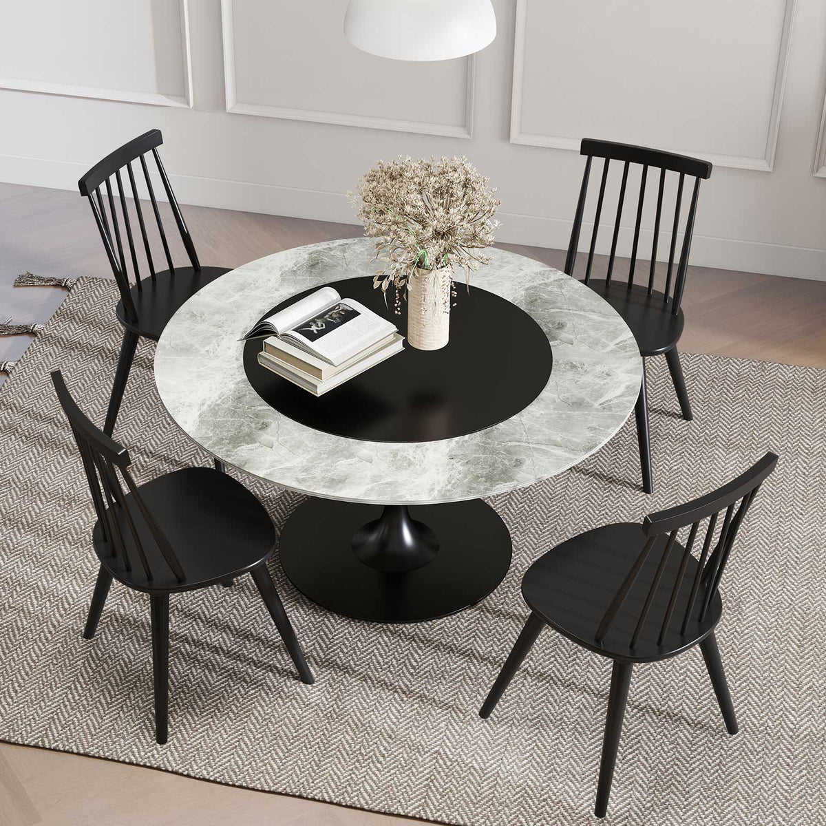 Windsor Dining Chair Set of 2 with Solid Rubber Wood Frame-Black