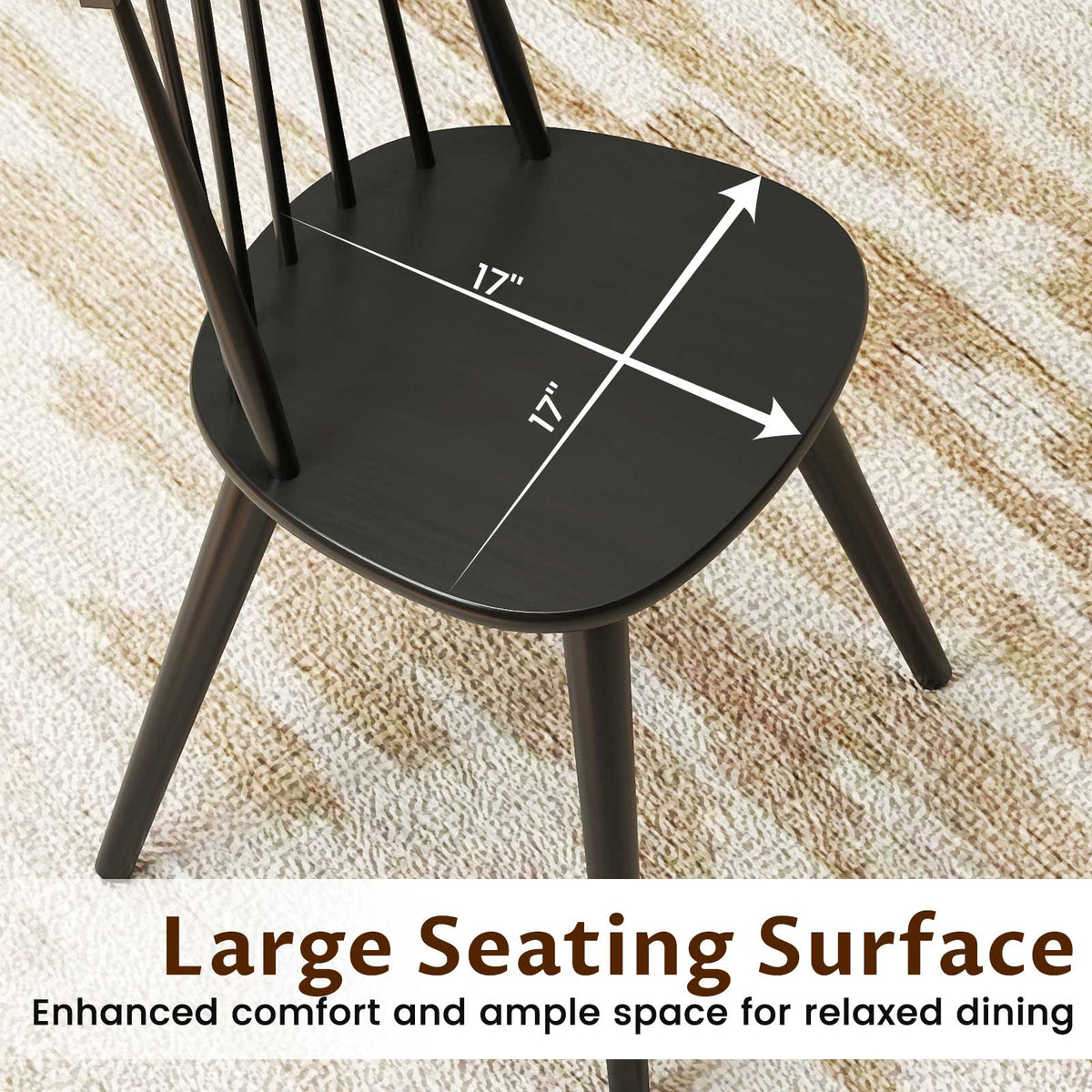 Windsor Dining Chair Set of 2 with Solid Rubber Wood Frame-Black