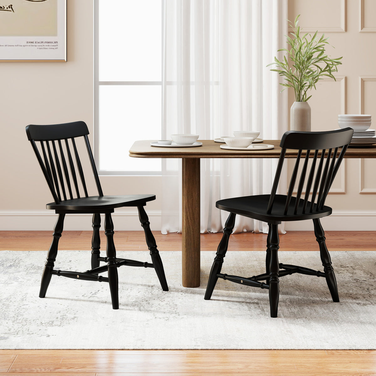 Windsor Dining Chairs Set of 2 with Curved Spindle Back-Black