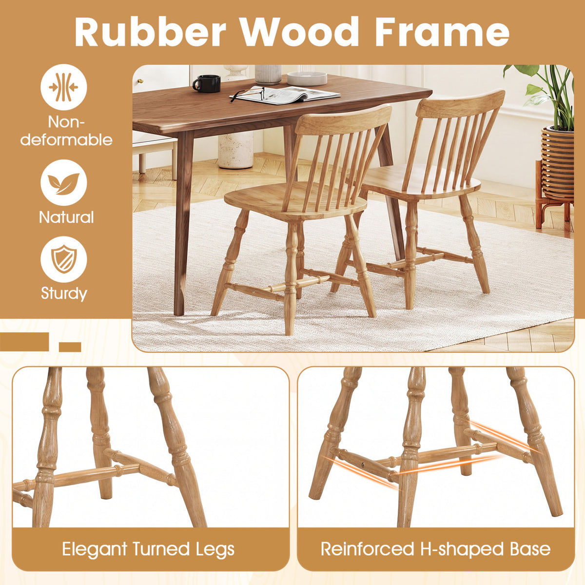 Windsor Dining Chairs Set of 2 with Curved Spindle Back-Natural