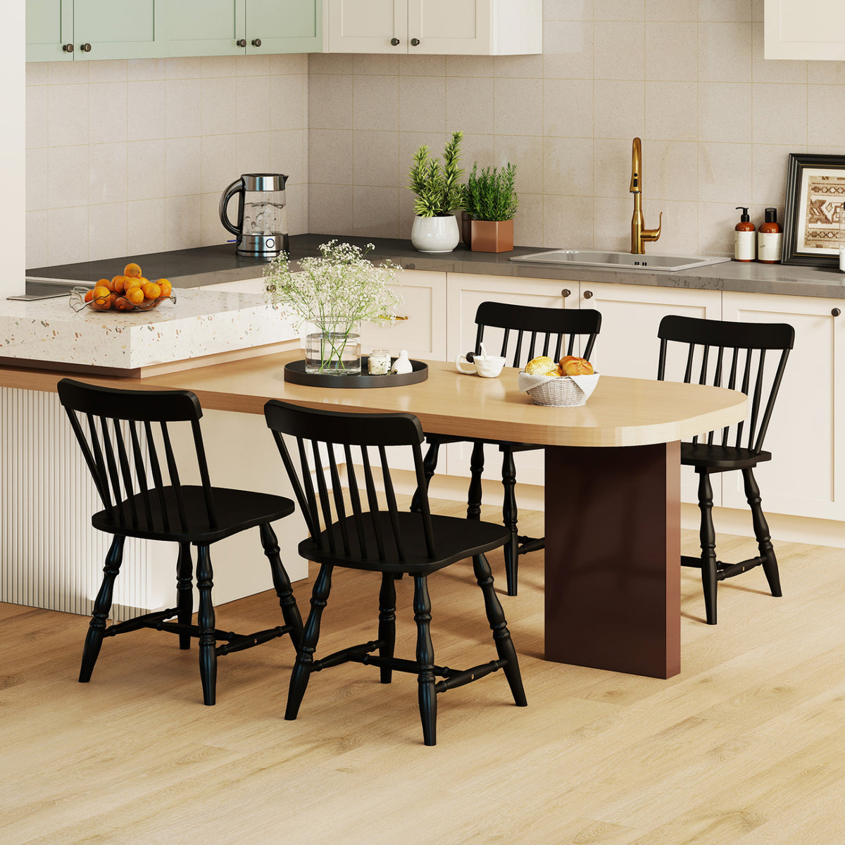 Windsor Dining Chairs Set of 4 with Curved Spindle Back-Black