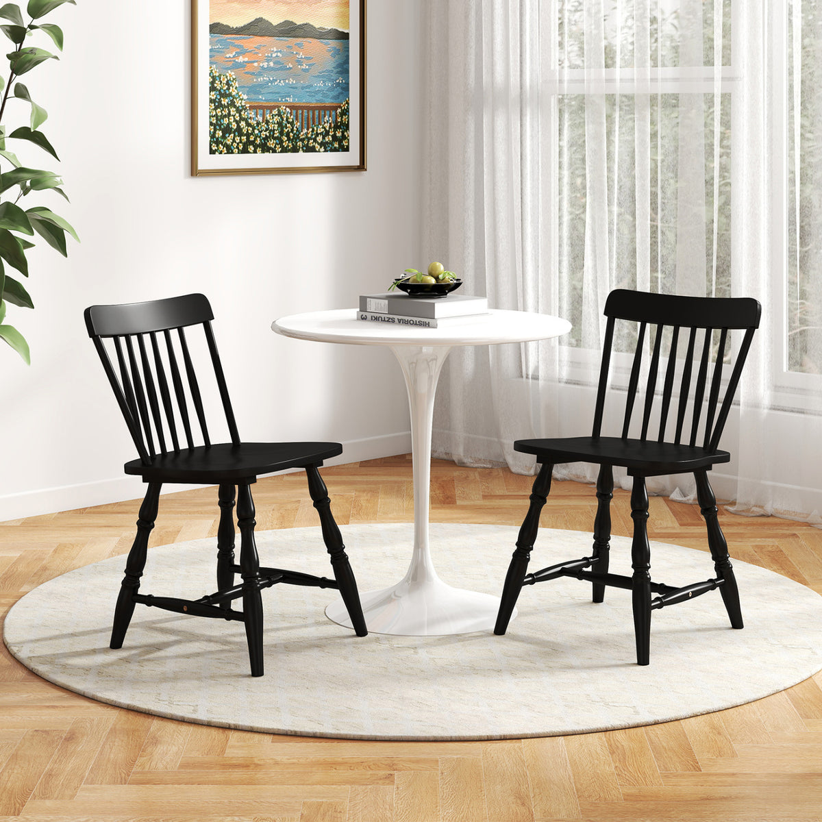 Windsor Dining Chairs Set of 4 with Curved Spindle Back-Black