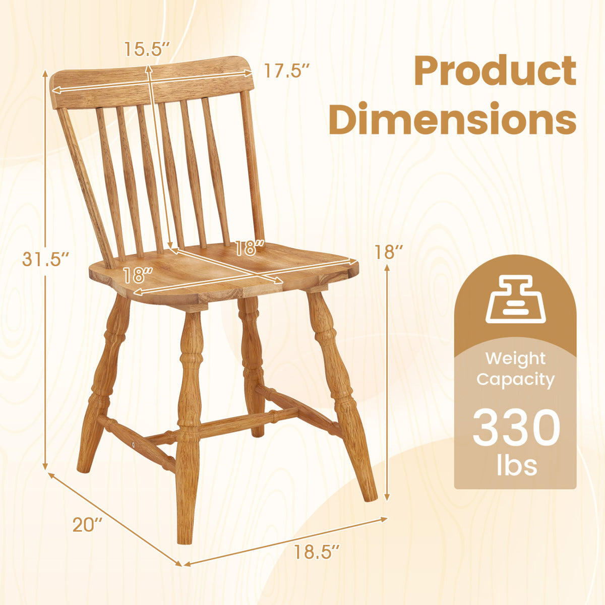 Windsor Dining Chairs Set of 4 with Curved Spindle Back-Natural