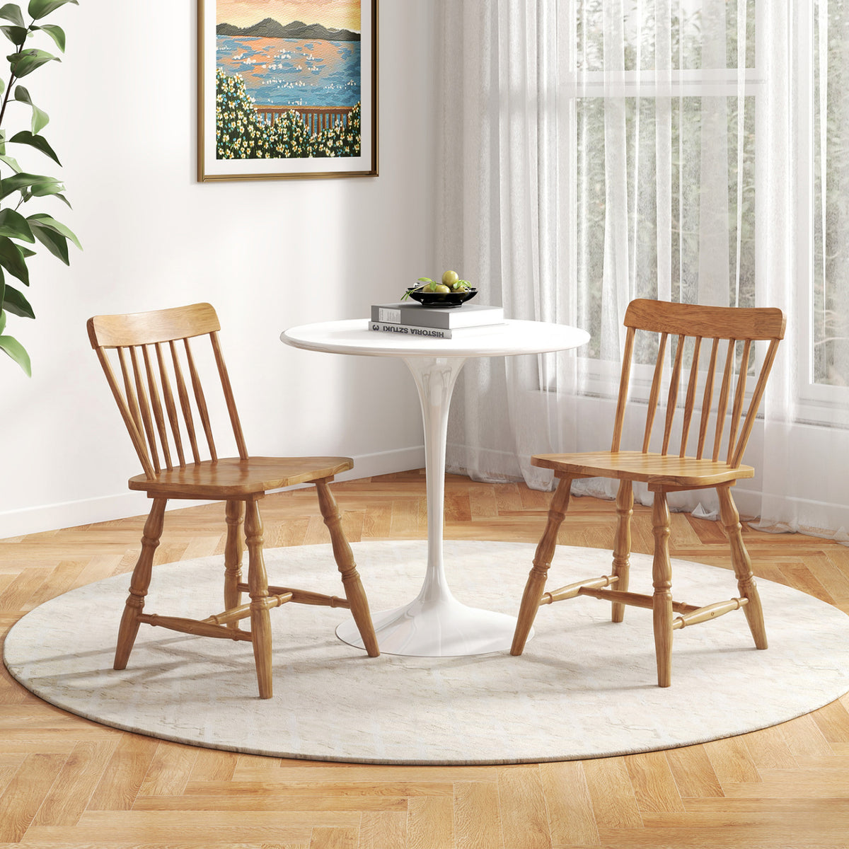 Windsor Dining Chairs Set of 4 with Curved Spindle Back-Natural